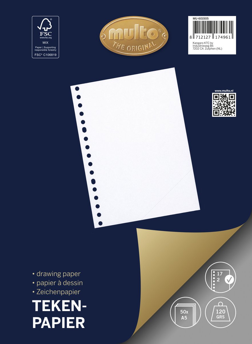 Multo - Ringbandpapier - A5 - tekenpapier - 17 rings - 120 grams - 50 vel