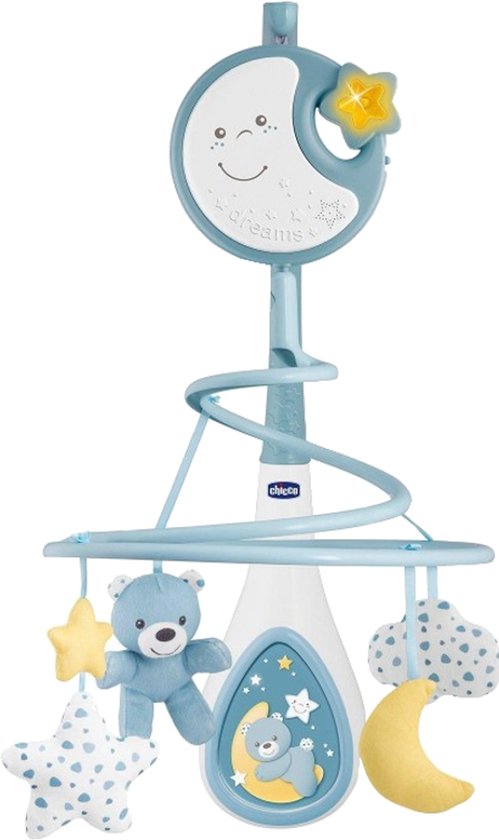 Blauwe muziekmobiel met een lachende maan, sterren, een teddybeer en wolken.