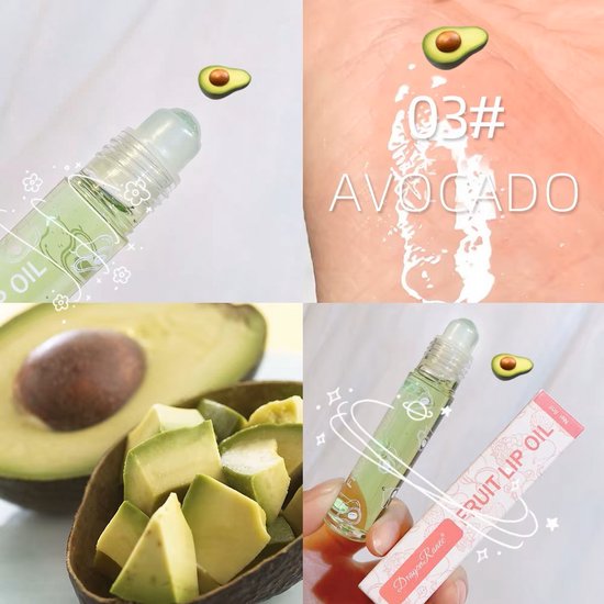 Rollerlipolie met avocadoprint, nummer 03. Lichtgroene, heldere tint. Textuur is glanzend en hydraterend.