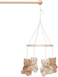 Houten ring met vier teddyberen mobiel: twee bruin, twee lichtbeige. Van Jollein.