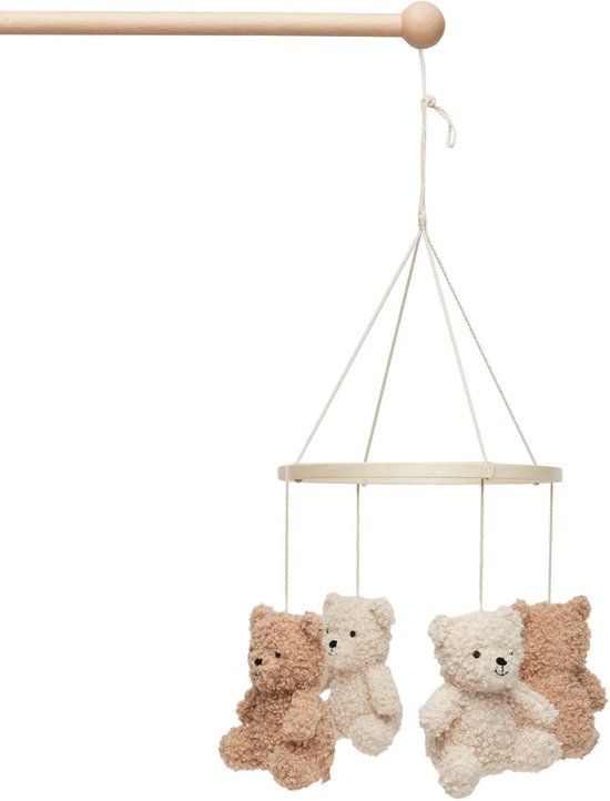 Houten ring met vier teddyberen mobiel: twee bruin, twee lichtbeige. Van Jollein.