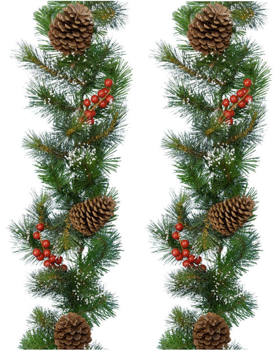 Decoris Guirlande - Set van 2x stuks - kerstslinger - groen - nepsneeuw en deco - 270 cm
