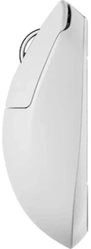 Zij-aanzicht van een witte Pulsar gamingmuis met strak design en ergonomische vorm.