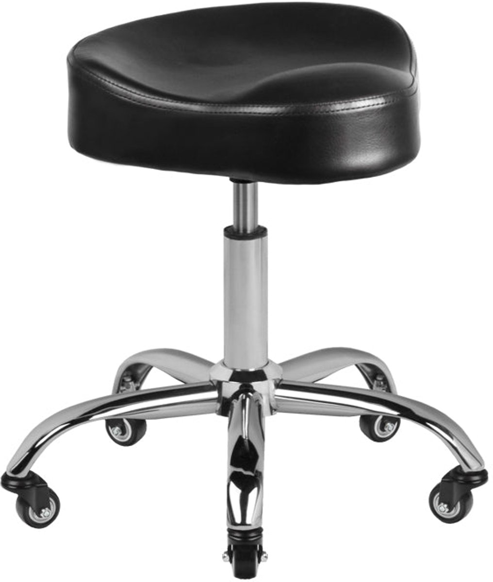 Gabbiano A450 Zwarte Kapperskruk – Verstelbare Professionele Kappersstoel Op Wielen – Comfortabele Salonkruk Met Eco-Leder