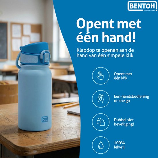 BentOH! RVS Waterfles 350ml Kinderen & Volwassenen - Blauw - Anti-overloop & Lekvrij – Met Eén Hand te Openen – BPA-vrij & Vaatwasserbestendig