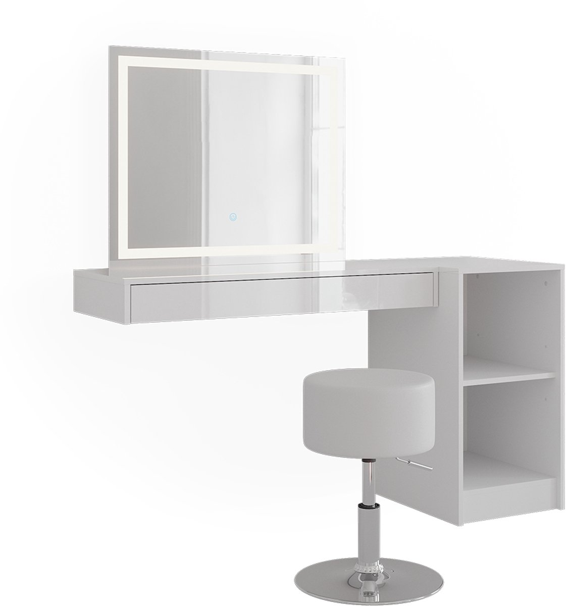 Vicco Kaptafel set met kruk Sherry, Wit, 140.2 cm met LED-spiegel, kruk en open rek