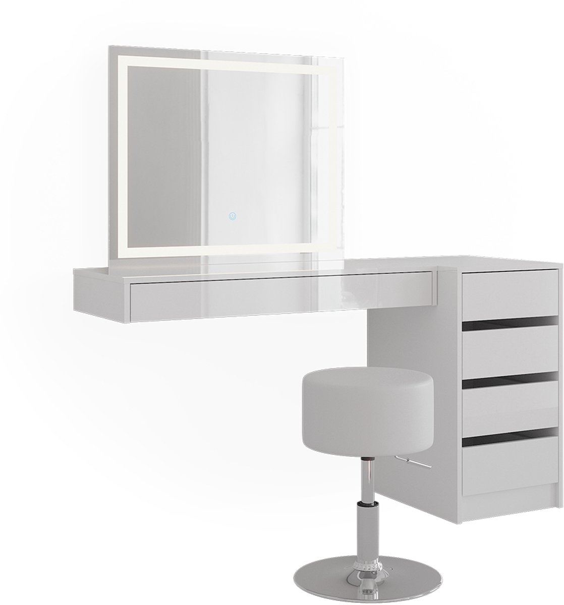 Vicco Kaptafel set met kruk Sherry, Wit, 140.2 cm met LED-spiegel, kruk en ladekast