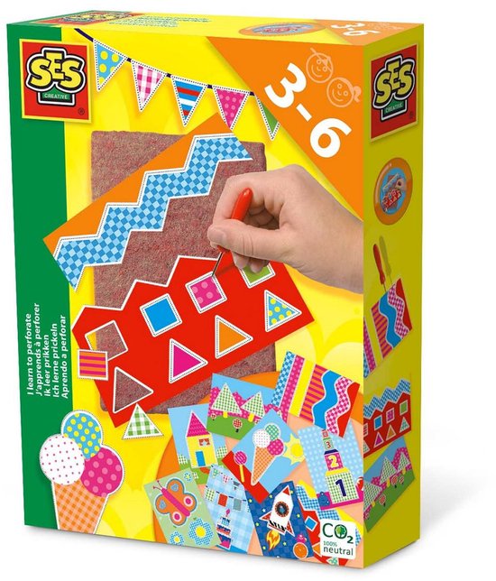 SES Creative – Ik Leer Prikken – Montessori Speelgoed – Prikmatje van Vilt, Prikpen en 9 Verschillende Prikkaarten – Creatief Knutsel Speelgoed Vanaf 3 Jaar