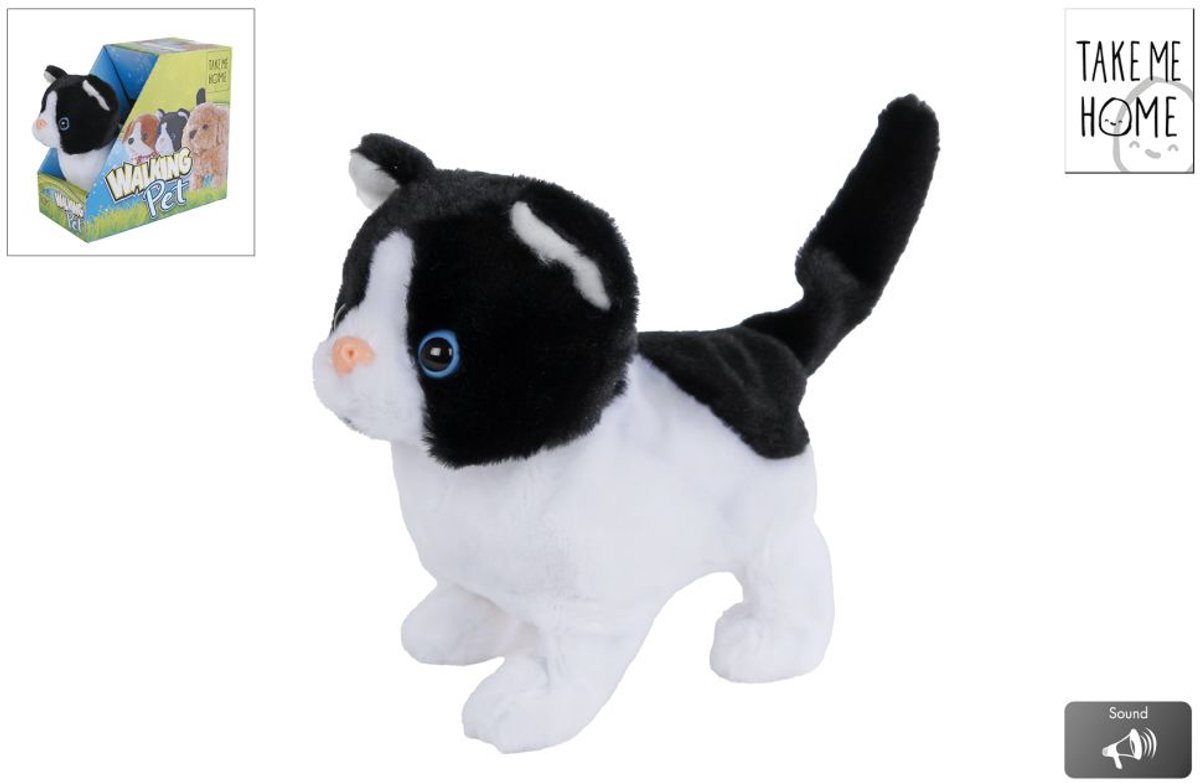 Interactieve looppoes pluche zwart wit 15,5cm speelgoed kat.