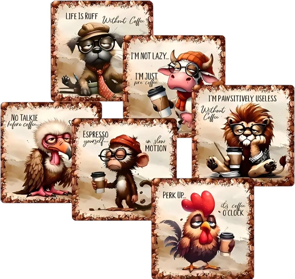 Onderzetters Grappige Dieren met teksten - 6 stuks - Set van 6 - Onderzetters - Coasters - Houten onderzetters - Onderzetters voor glazen - Onderleggers voor glazen of Kopjes - Grappige teksten - Verjaardagscadeau - Moederdag - Vaderdag - Fun Cadeau