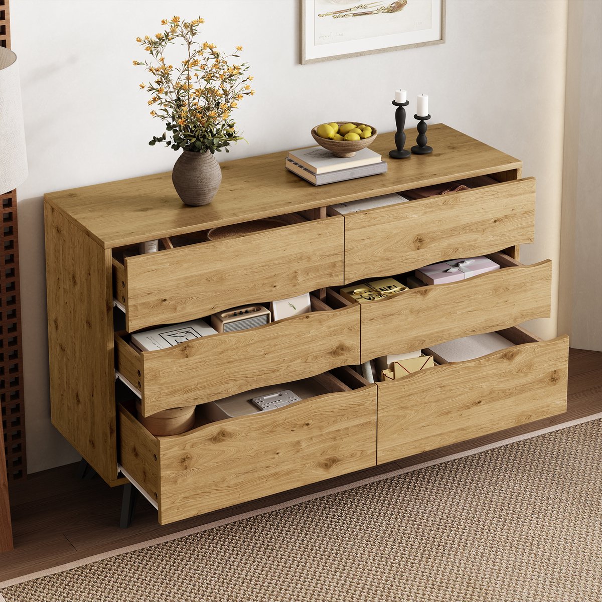 STILVORA Dressoir - Modern Golvende Fronten - 6 Lades Voor Opbergruimte Voor Woonkamer En Hal - Spaanplaat - 120x40x75,5 cm - Notenbruin Houtkleur