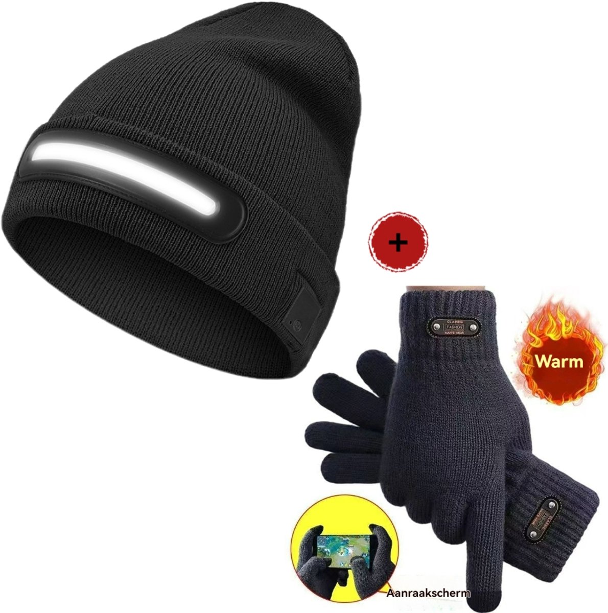 LED Muts – Wintermuts met Oplaadbare- Bluetooth playback-One Wandelen Hond Uitlaten & Outdoor -Zwarte Beanie-Handschoenen