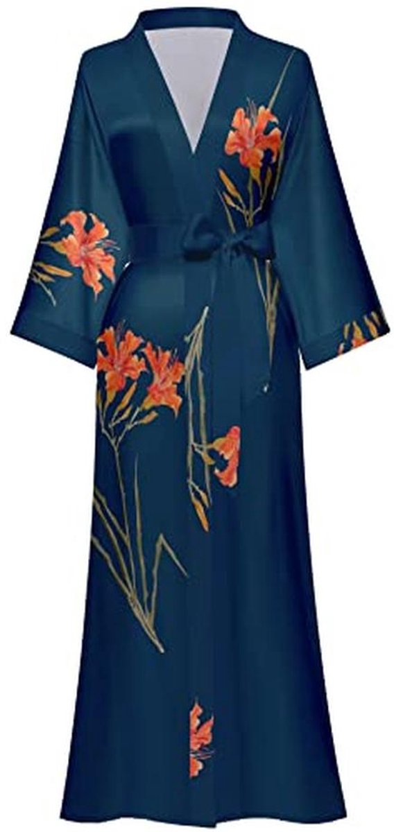 Lange satijnen kimono badjas met bloemen voor dames