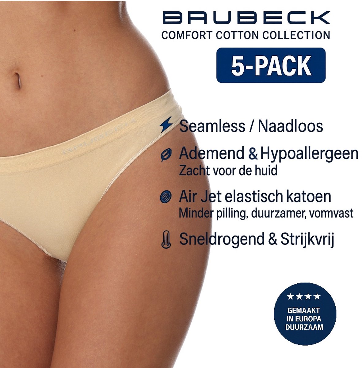 Brubeck Dames String – Naadloos (Seamless) Elastisch Katoen - 5 Pack - Beige L