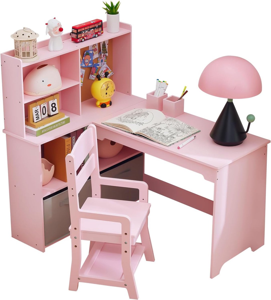 Kinder hoekbureau in L‑vorm met boekenkast - Bureau en stoel set met open planken & lades, voor kinderkamer (3–8 jaar) - roze