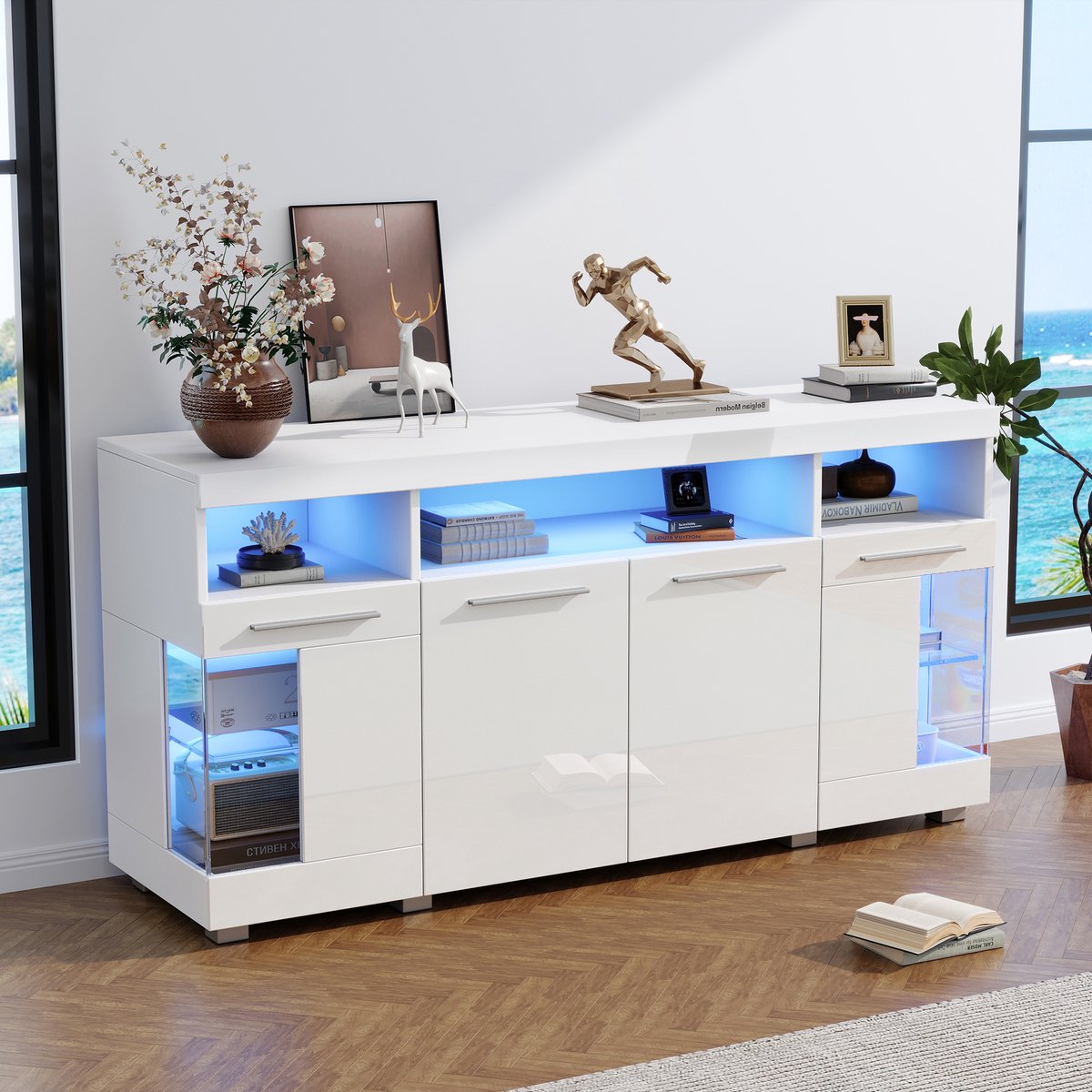REDOM Dressoir - Met lades - Hoogglans afwerking - 140 x 40 x 70 cm White Wit