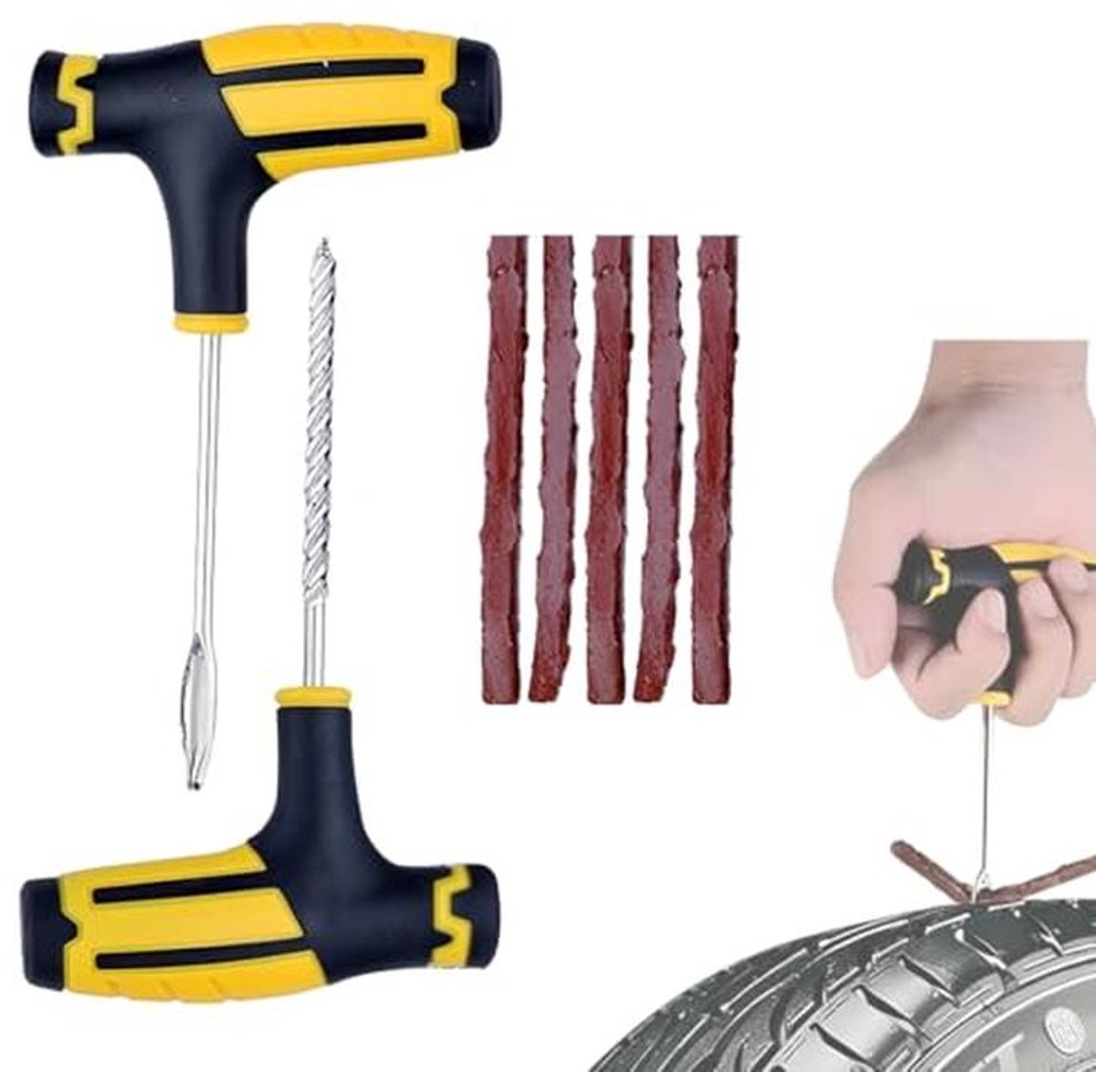 Reparatieset voor autobanden en motorbanden - 7-delige set met 5 pluggen en 2 T-gereedschappen
