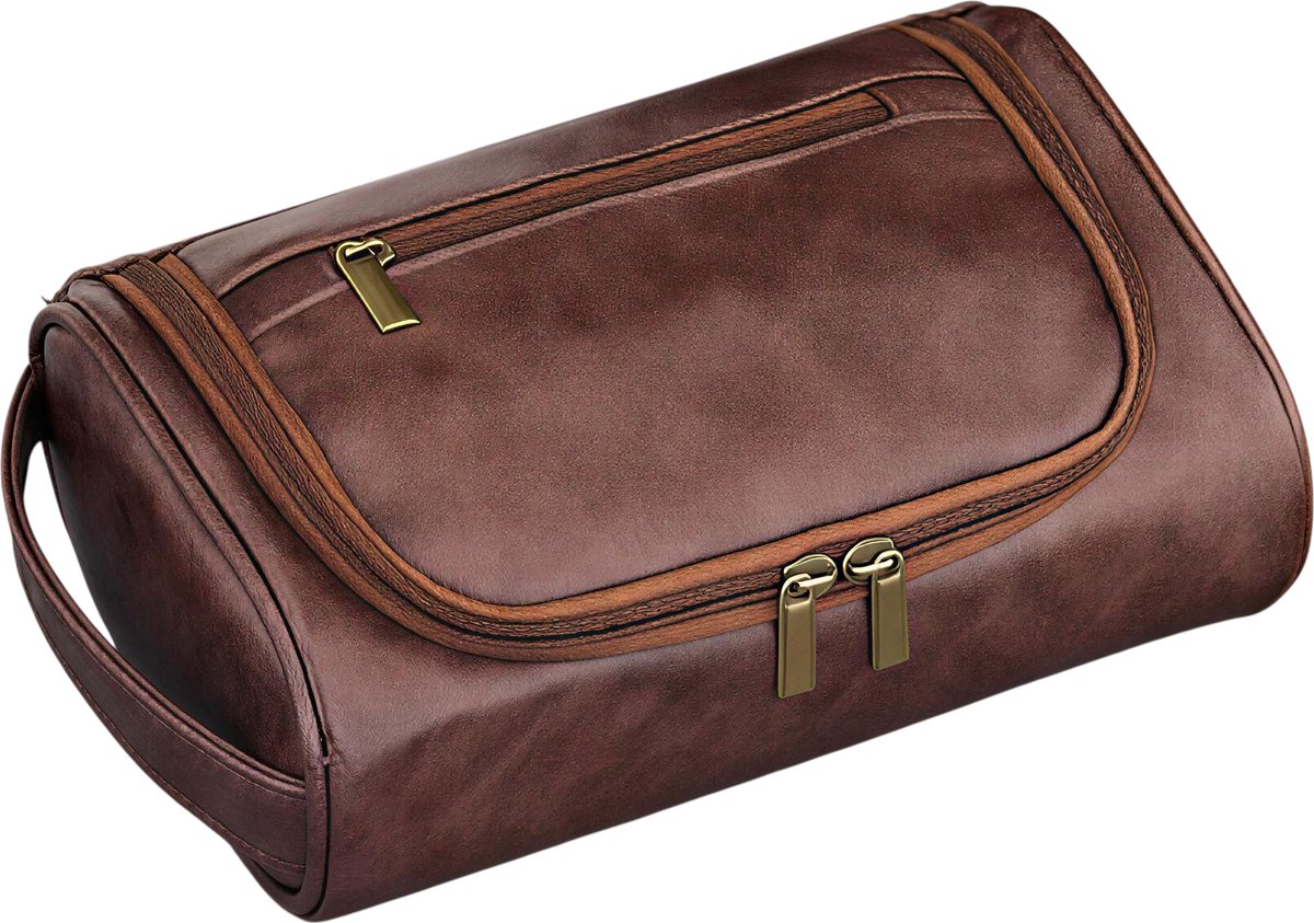 Reis Toilettas van Kunstleer voor Dames en Heren - Waterdichte Make-up en Cosmeticatas - Retro Travel Organizer met Ritssluiting - Donkerbruin