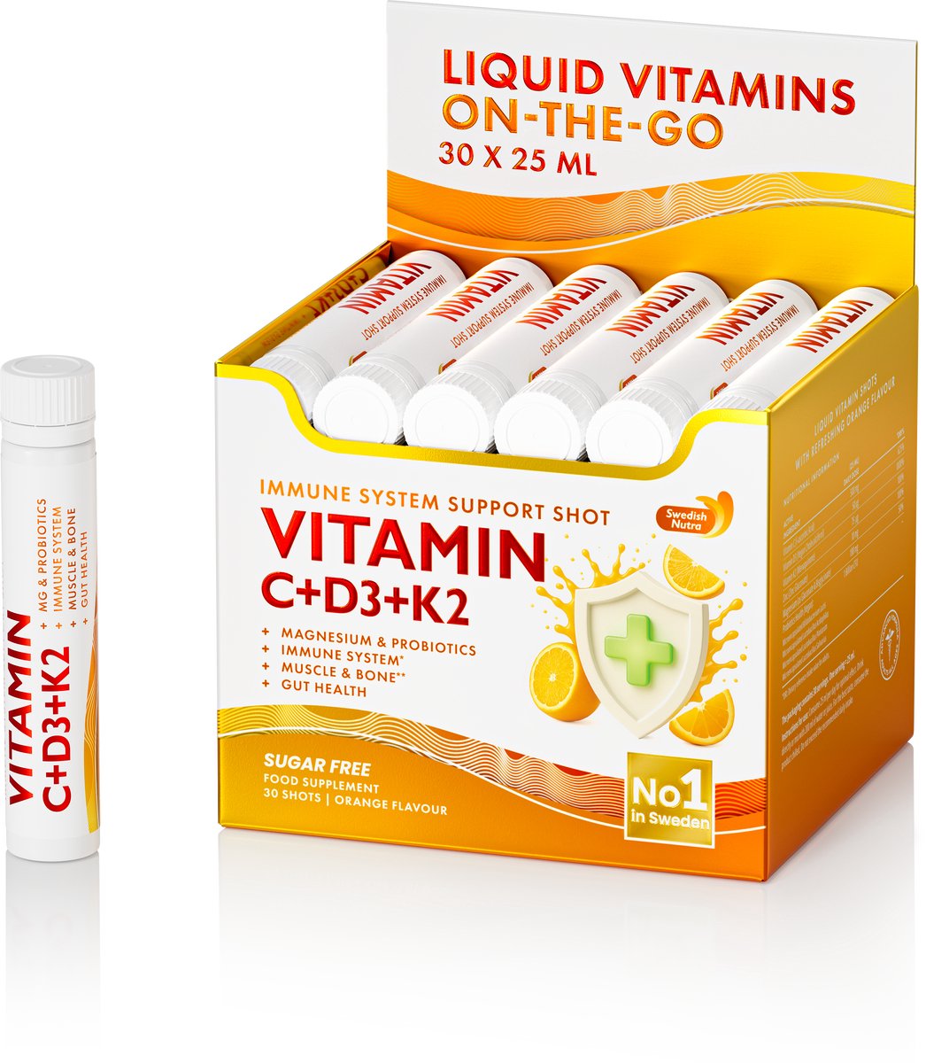 Swedish Nutra - Premium Vitamine C + D3 + K2 Booster Shots - Energie verhogen - Weerstand & Immuniteit verbeteren - Vermoeidheid verminderen - Vloeibare Vitamine - 30 Shots - Vegan