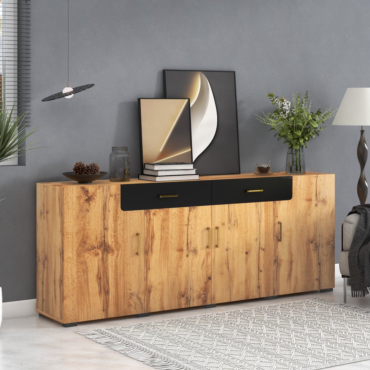 HAUSS SPOLE Dressoir – Ruim Opbergdressoir Met 4 Deuren En 2 Lades – Veel Opbergruimte Voor Woonkamer En Eetkamer – Spaanplaat – 208x39.5x80 cm – Bruin