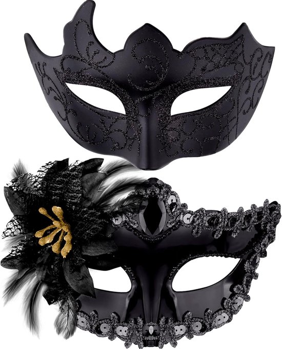 2-delige Venetiaanse set met oogmaskers voor een stel (man en vrouw) voor gemaskerd bal of carnaval, zwart