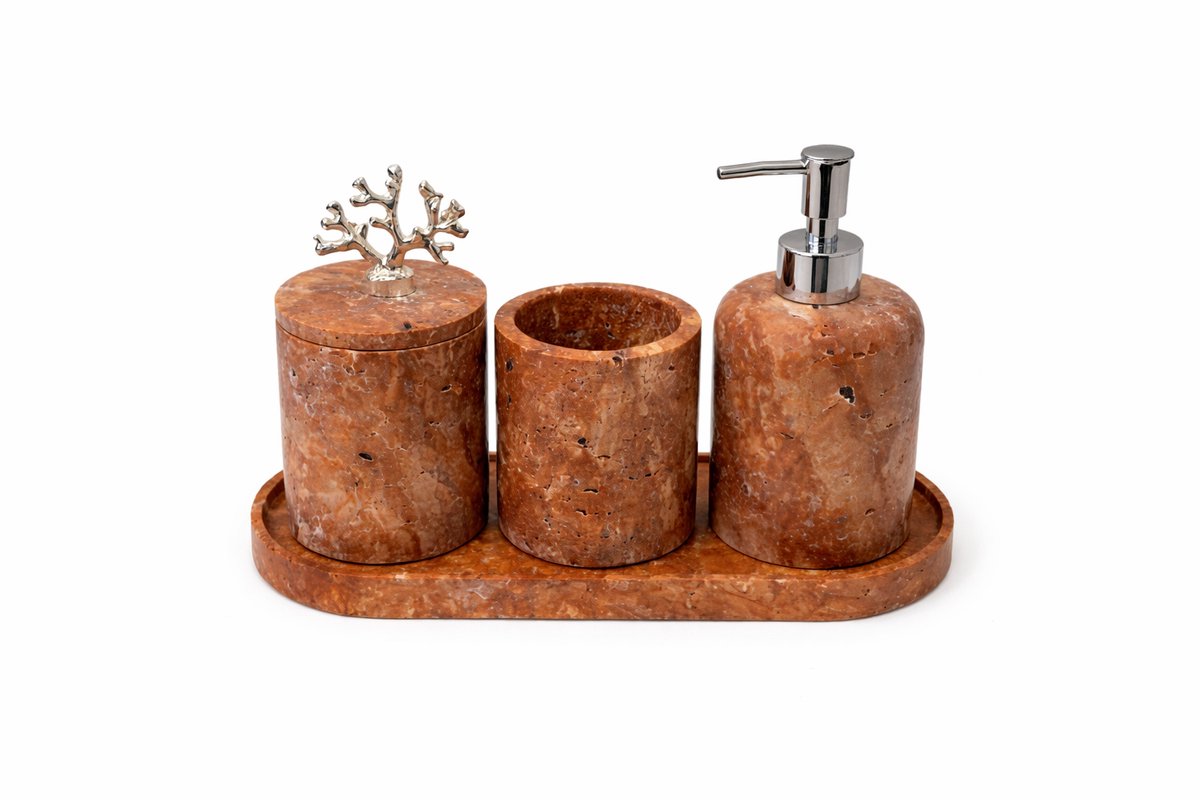 Marmeren Badkameraccessoires Set – 4-delig – Tray, Zeepdispenser, Tandenborstelhouder & Opbergpot – Travertin Rood/Bruin – Luxe Afwerking met Zilveren Details