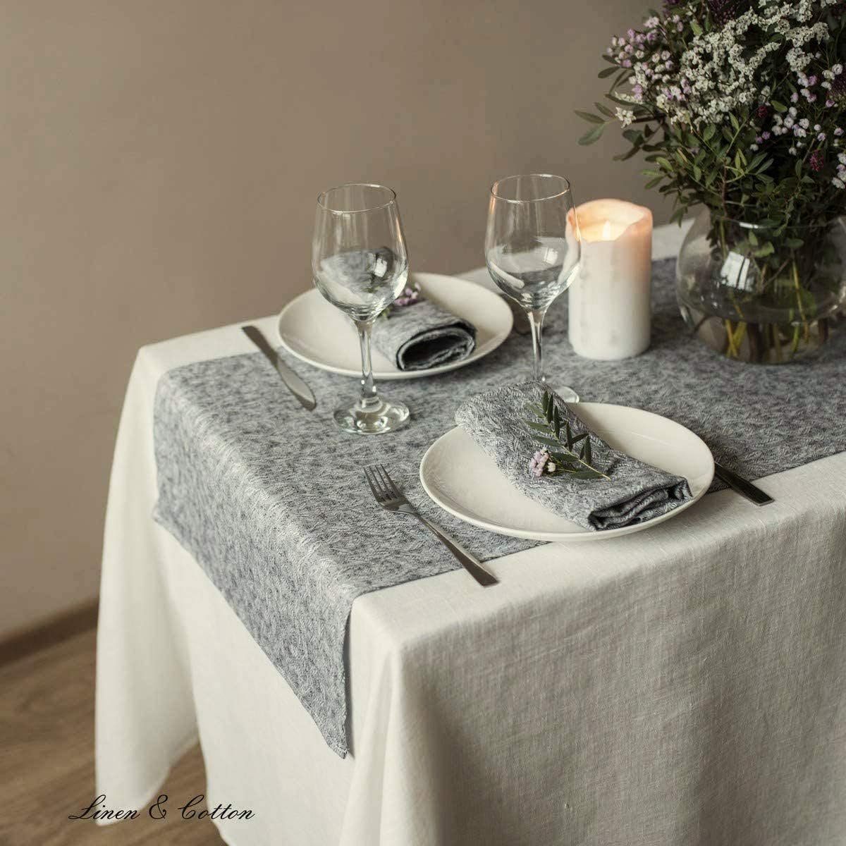 Linnen en Katoen Jacquard Tafelloper met Mini Bladeren Patroon 45x180 cm Zwart Wit