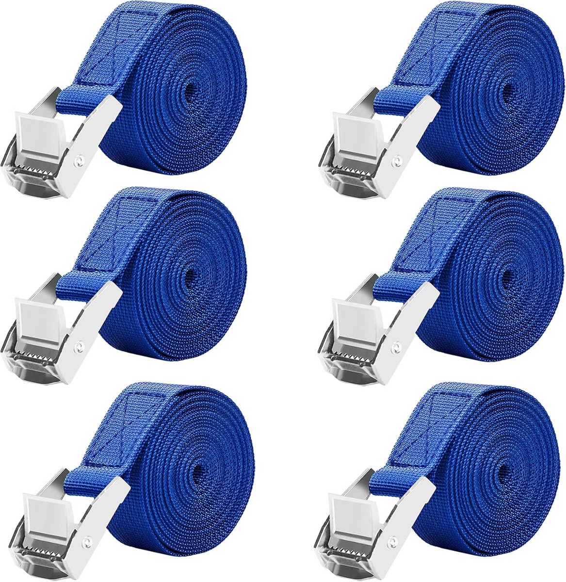 Set van 6 Spanbanden 2.5 Meter met Klemsluiting - Zware Bevestigingsriemen Blauw