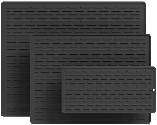 Tapis de séchage en silicone pour armoires de cuisine, tapis de vaisselle écologique à séchage rapide, tapis de séchage multifonctionnel facile à nettoyer, support tripode résistant à la chaleur, ensemble de trois, noir modèle 2