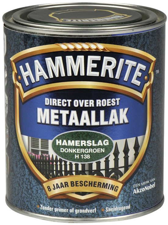 Hammerite metaallak, hamerslag donkergroen H138, 250ml. Blik met turquoise, gebarsten patroon.
