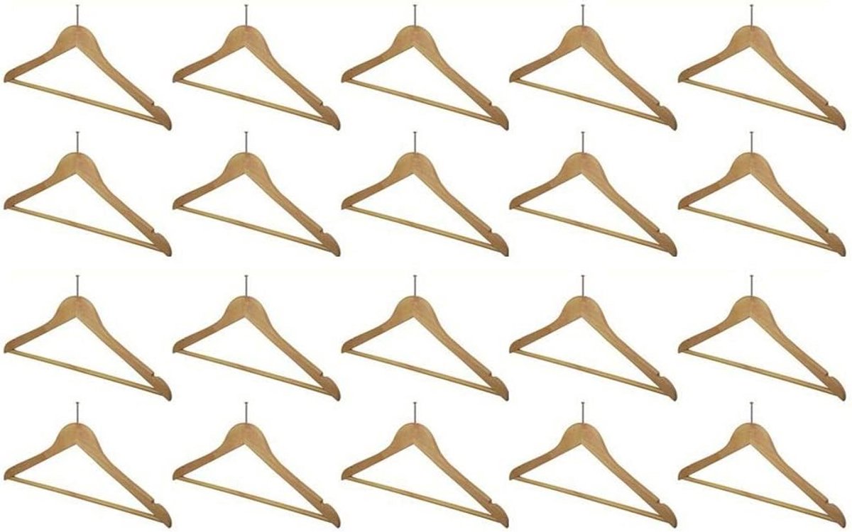 20x Stevige Houten Kledinghangers met Broeklat en Hotel-Hanger - Natuur