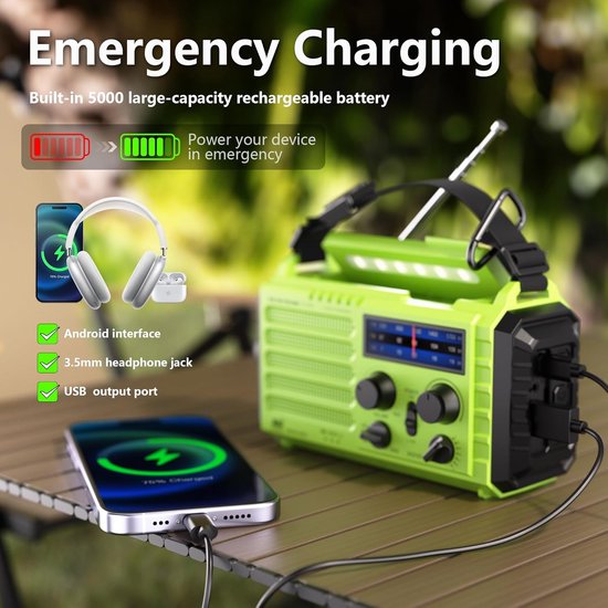 Groene noodradio met powerbank van 5000mAh, laadt een telefoon op via USB en koptelefoon.
