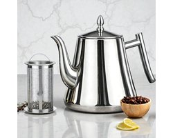 Culinique® Roestvrijstalen Theepot met Zeef - 1,5L - Theekan Dubbelwandig - 2in1 RVS Waterkoker en Theepot in 1 - Gezond Thee Drinken - Marrakesh Design - Zilver