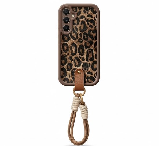 Coque de téléphone marron à imprimé léopard avec bracelet marron et cordon.