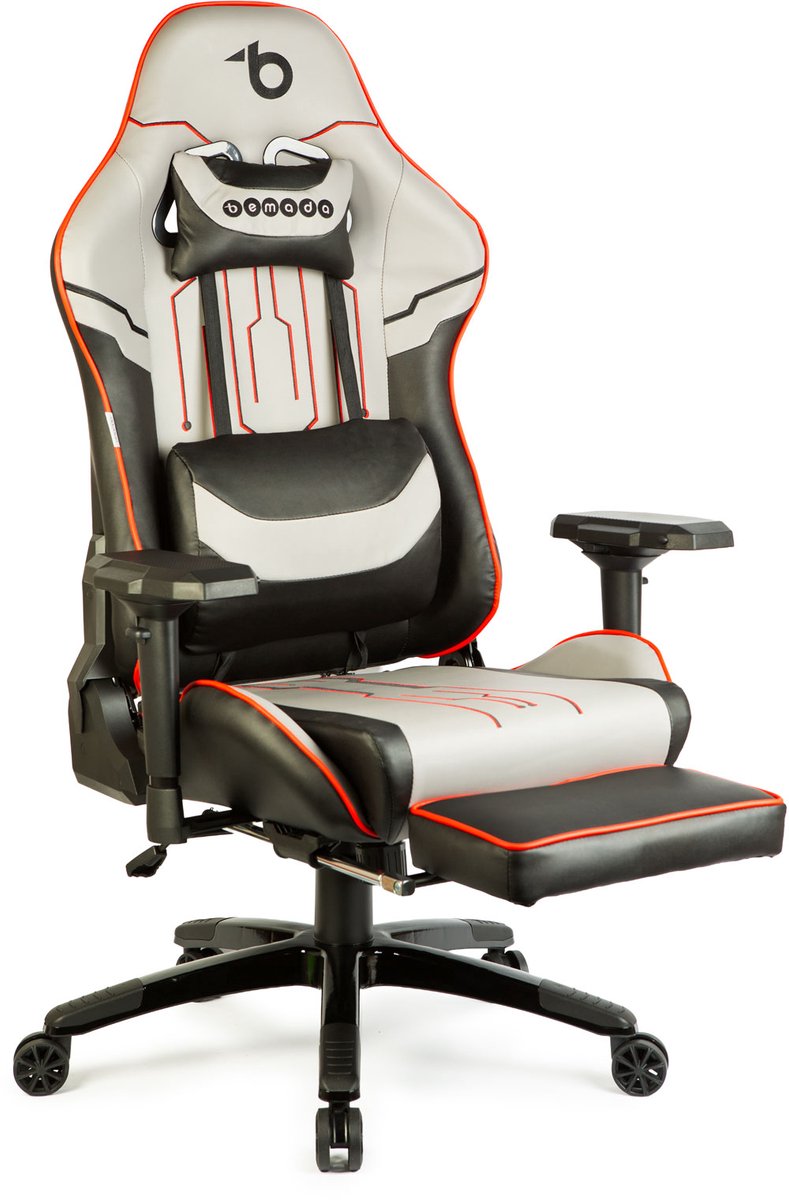 Gaming Stoel Met Kussens En Voetensteun – Ergonomische Bureaustoel Met 4D Armleuningen En Verstelbare Rugleuning 90–180° – In Hoogte Verstelbaar – Max. 150 Kg – Grijs/Zwart/Rood [BMD1118B]
