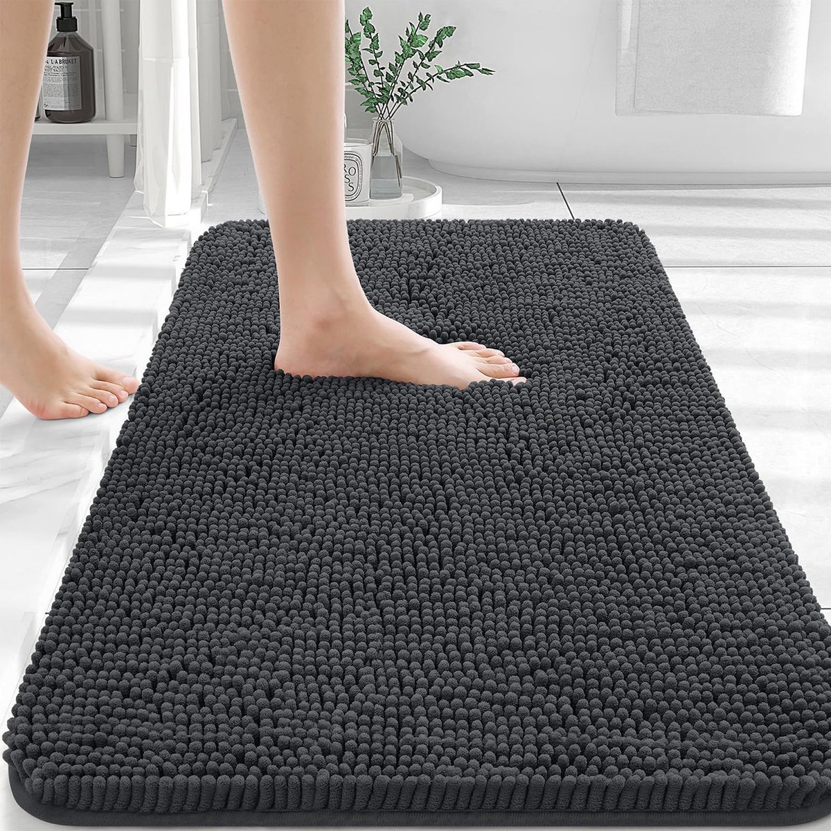 Homaxy Badmat – Absorberende Douchemat – Chenille Badkamer – Wasbare Badmatten – Diepgrijs – 61x91 cm