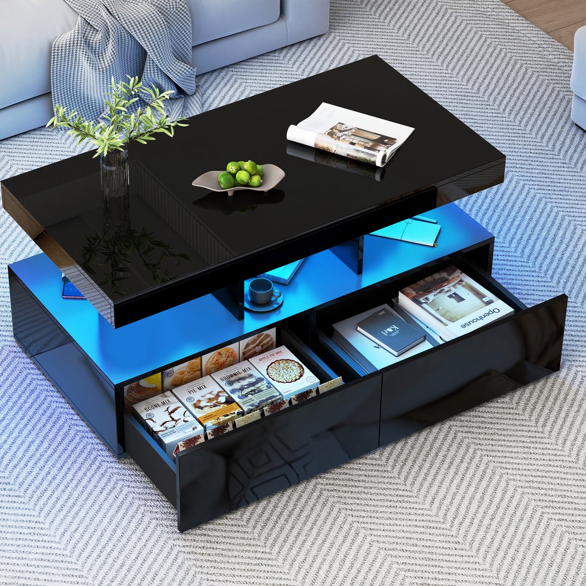 Salontafel met LED Verlichting – Hoogglans Koffietafel met 2 Lades en Open Opbergruimte – Moderne Woonkamer Tafel