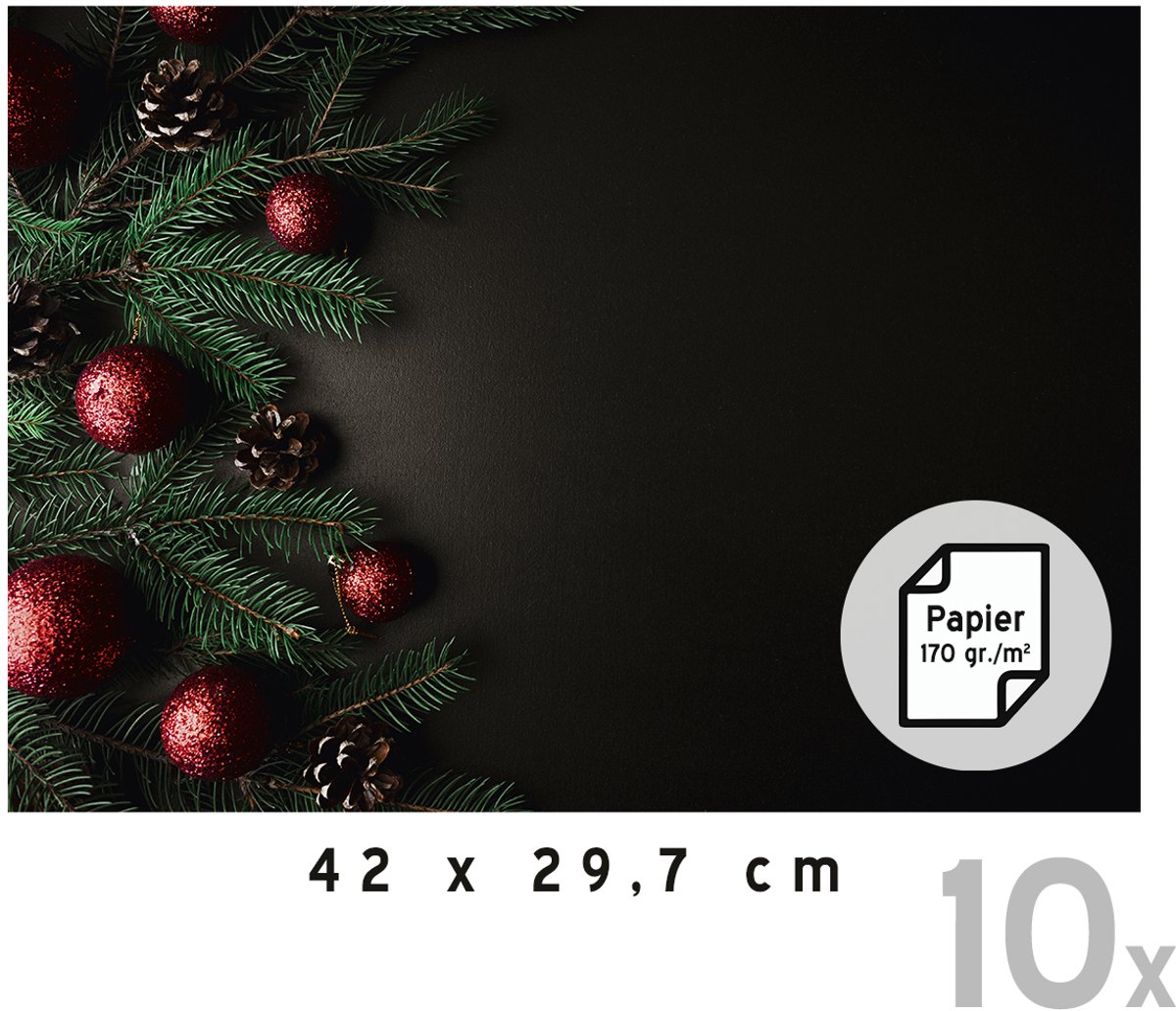 Placemats Kerst Deluxe (10x) | 42 x 29,7 cm | Kerstdecoratie | Onderlegger | Papier 170 gr./m² | Kerstavond | Eettafel | Tafeldecoratie | Zwart | Placemat | Design | Rechthoek | 10 stuks