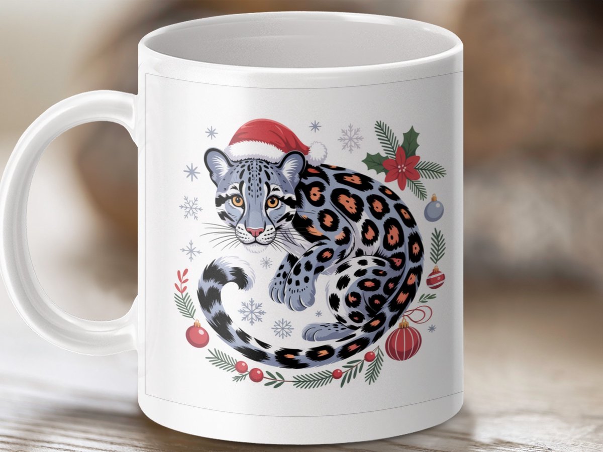 Mok Sneeuwluipaard Kerst, Winter Mok, Feestdagen Mok, Kattenliefhebber Geschenk, Kerst Cadeau Idee, Cadeau voor haar, Kerstmis Mok