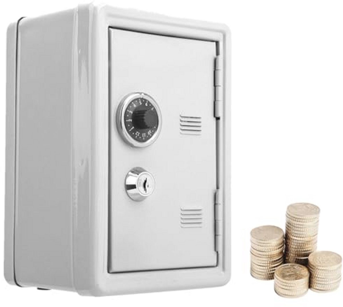 Mini Spaarpot met Simulatiecodewiel voor Kinderen - Opbergdoos voor Wisselgeld - Metalen Kistje met Sleutels (Wit)