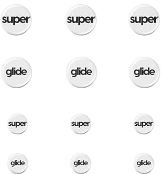 Twaalf witte ronde stickers, zes met 'super' en zes met 'glide'.
