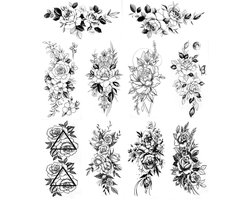 10 Vellen Realistische Bloem Grote Pioen Rose Tijdelijke Tatoeages Stickers Volwassenen Vrouwen Waterdicht Zwart Tattoo Blossom Flora Meisjes Lady Nep Tatoos Grote Arm Tatto Sexy Schouder Borstbenen