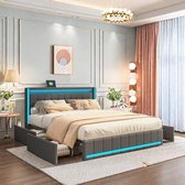 Upholstered Double Bed 140 x 200 cm with LED Lights and USB Ports - Stylish Bed with Storage Drawers