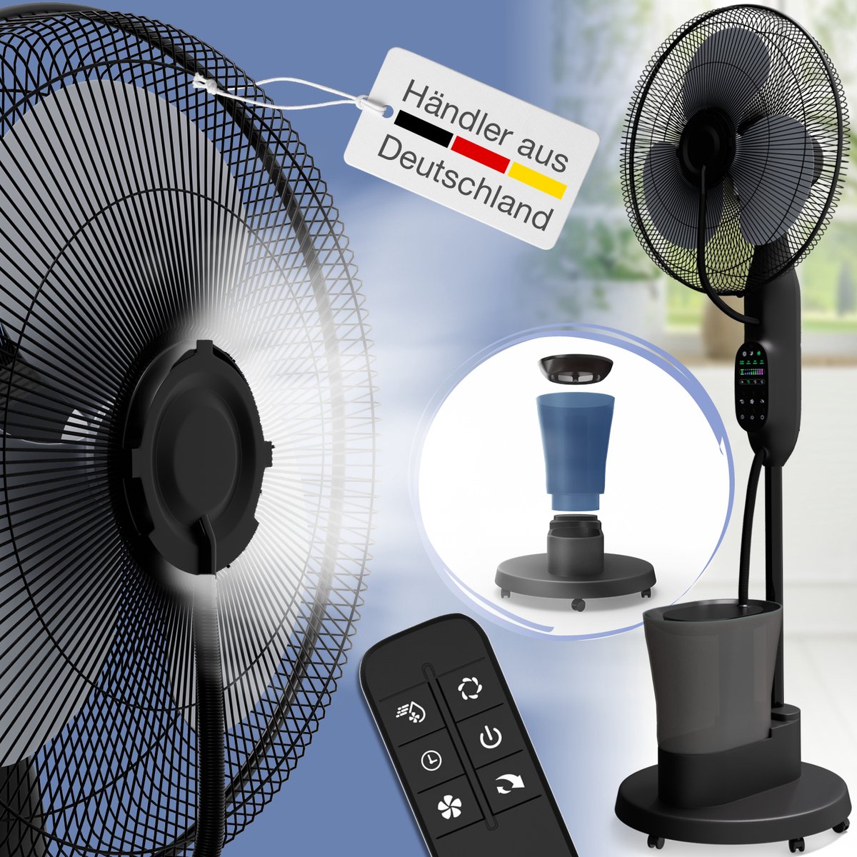 ELONEO Ventilator staand met Waternevel, Statiefventilator met Afstandsbediening en Mist, Water Fan, Zwart