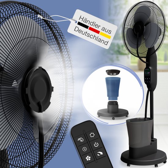 Staande ventilator met luchtbevochtiger en nevel, 3 snelheden, timer, afstandsbediening, fluisterstil, 2,8L waterreservoir