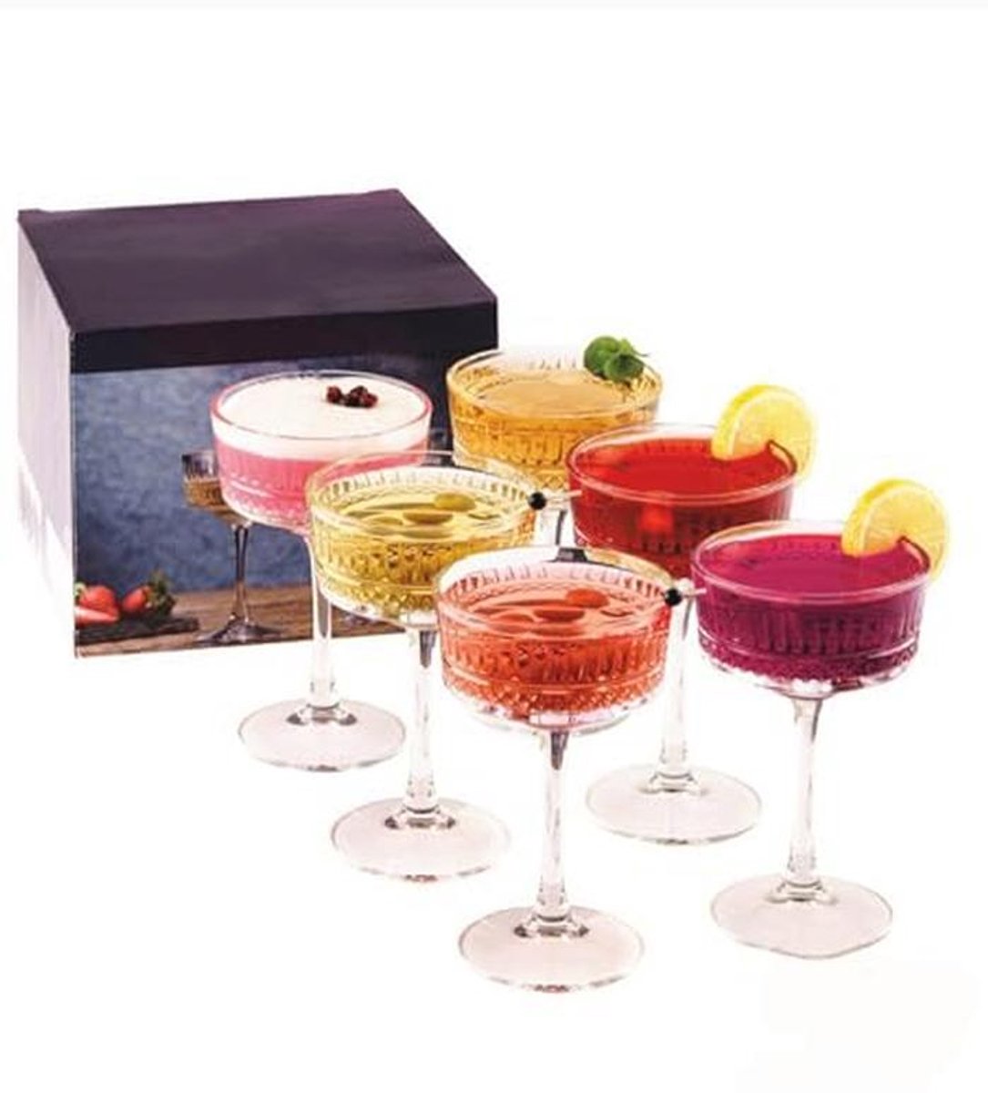 Set van 6 Vintage Coupe Glazen - Champagne, Cocktail, Martini en Wijnglazen