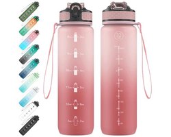 EYQ 1 l waterfles, 1 liter waterfles met rietje, 32 oz lekvrije motiverende sportdrankfles met tijdmarkering, Tritan BPA-vrij, drinkflessen voor fitness, school, sportschool, buitensport