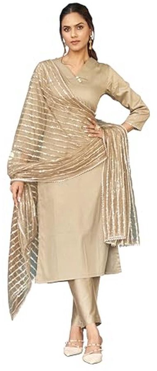 Beige Katoenen Kurta Set voor Dames met Zware Dupatta