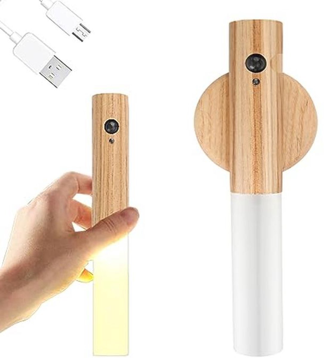 Oplaadbare houten wandlamp met bewegingssensor en draadloze batterij voor slaapkamer, hal, en kinderkamer