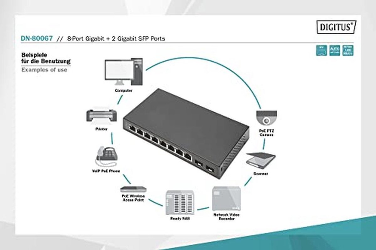 10-Poorts Gigabit Netwerkswitch - Unmanaged met 8x RJ45 & 2x SFP Poorten - 10/100/1000 Mbps